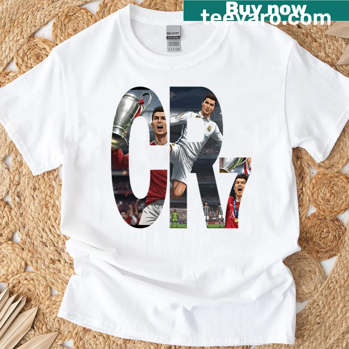 Illustration honoring Cristiano Ronaldo, featuring football elements — on a men's t-shirt
