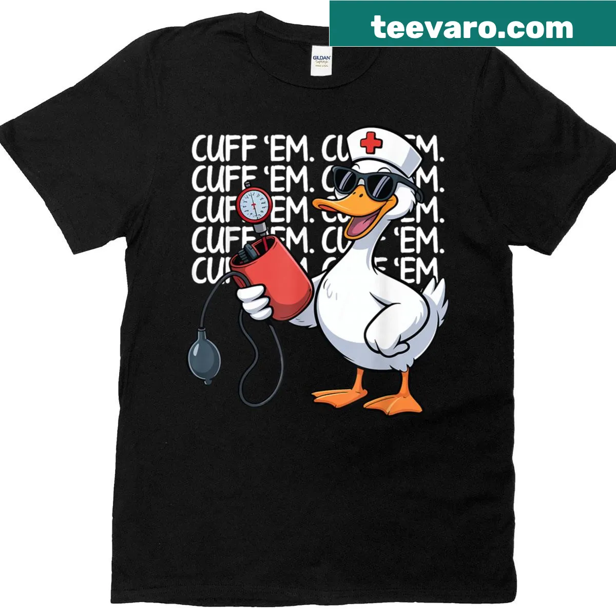 Funny nurse T-shirt featuring 'Cuff Em Goose' meme design — on a men's t-shirt