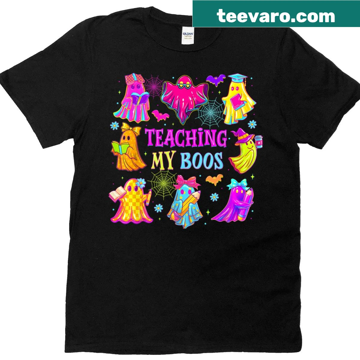 Cute Halloween T-shirt with a ghost graphic and 'Teaching My Boos' text — on a men's t-shirt