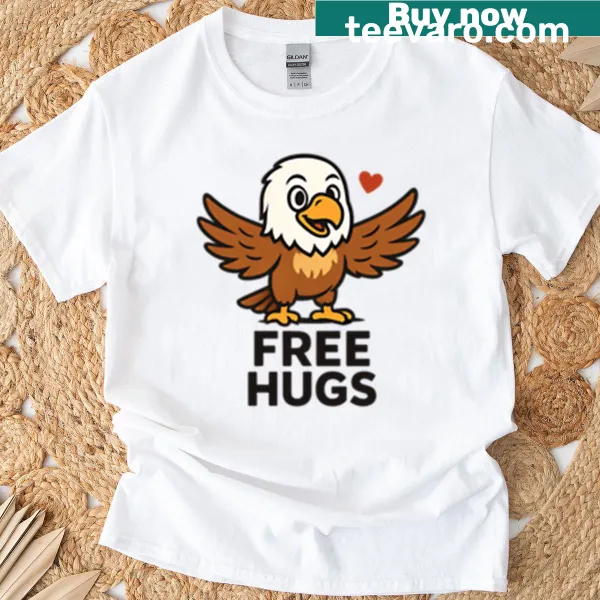 Comic eagle t-shirt offering free hugs with cute illustration
