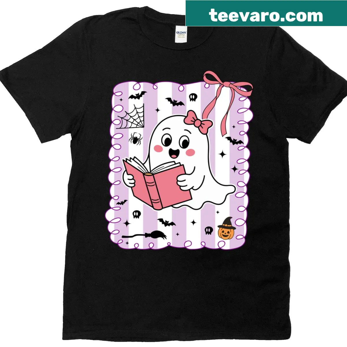 Cute ghost reading a book illustration on a t-shirt for teachers — on a men's t-shirt