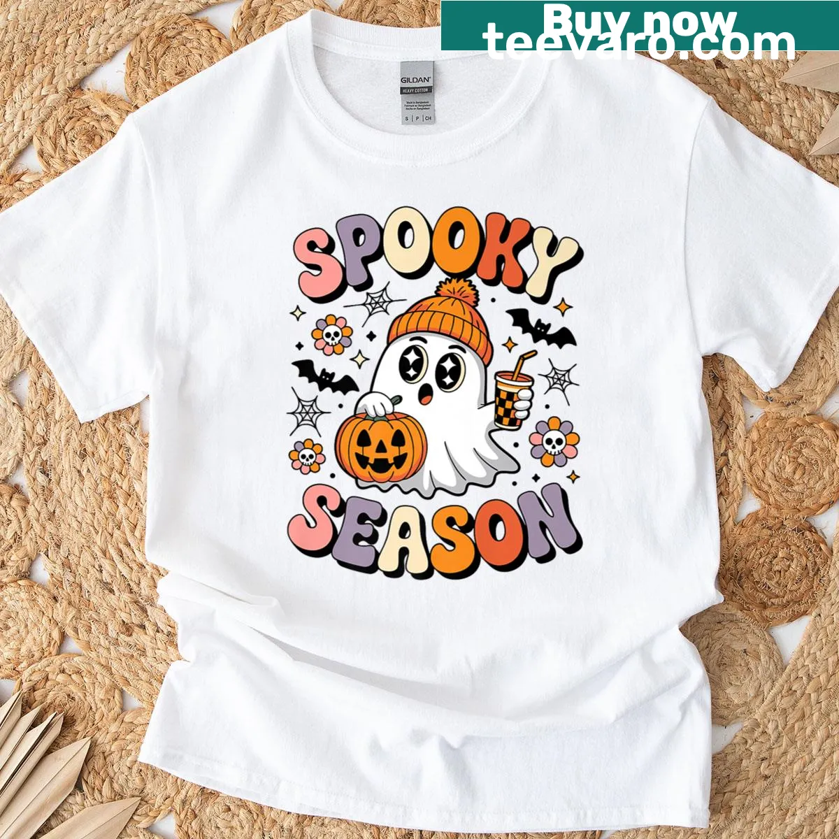 Cute ghost drinking coffee Halloween t-shirt — on a men's t-shirt