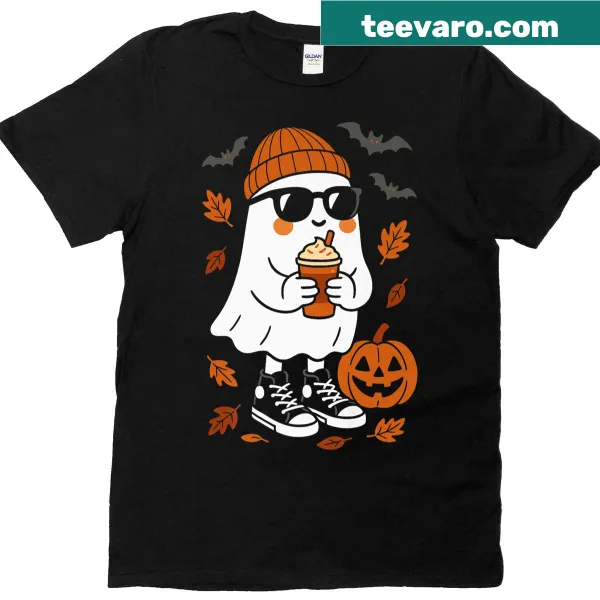 Cute ghost and pumpkin Halloween T-shirt in cartoon style