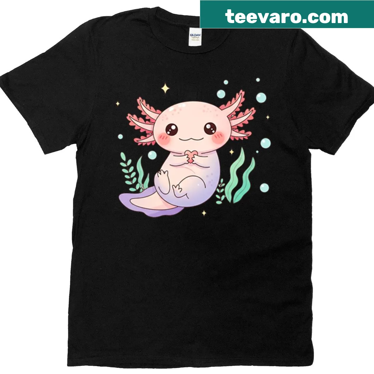 Kawaii pastel axolotl graphic with heart sparkles on a T-shirt — on a men's t-shirt