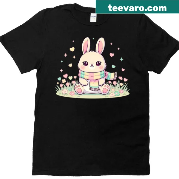 Kawaii pastel bunny T-shirt with hearts, flowers, and sparkles