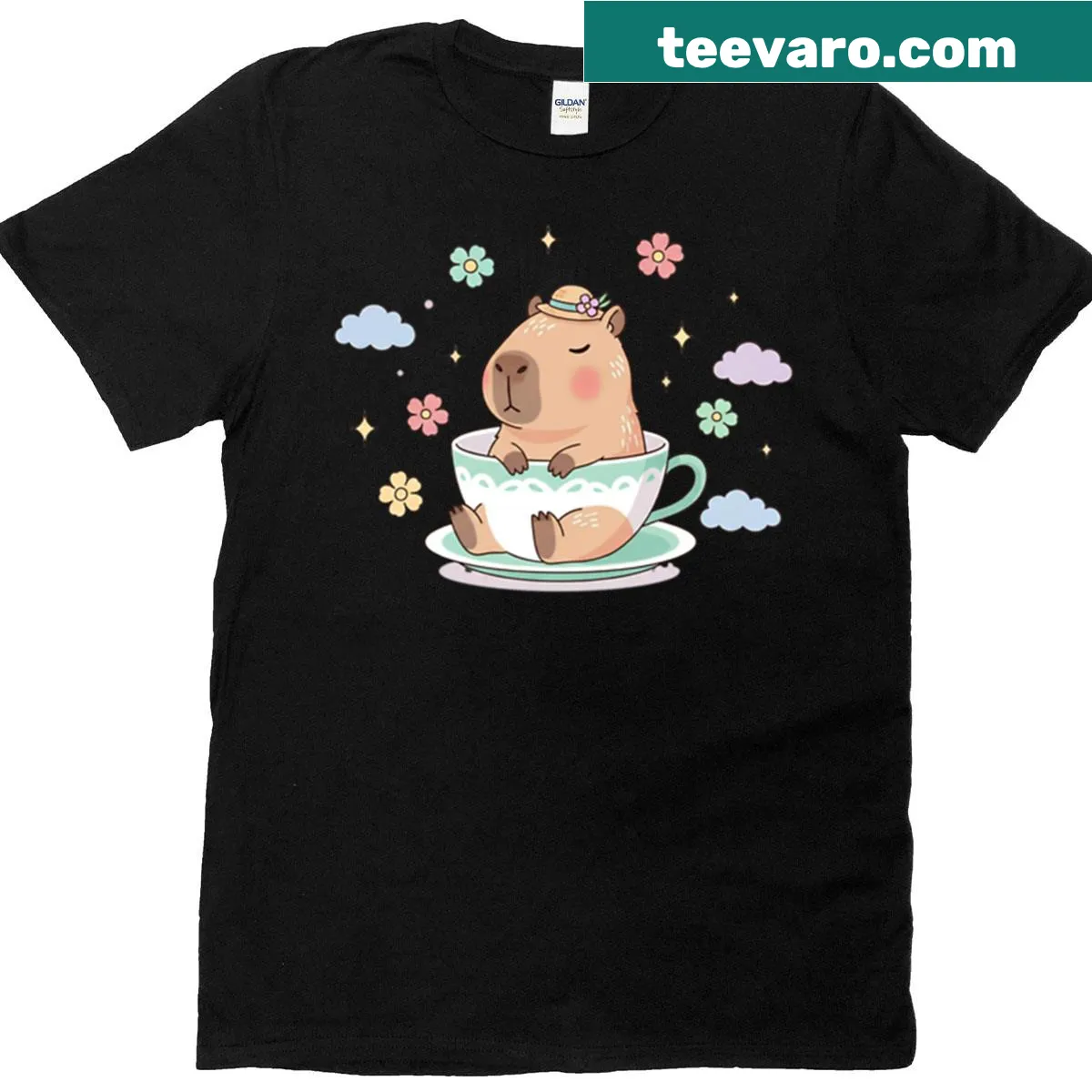 Kawaii capybara illustration with flowers and clouds on a T-shirt — on a men's t-shirt