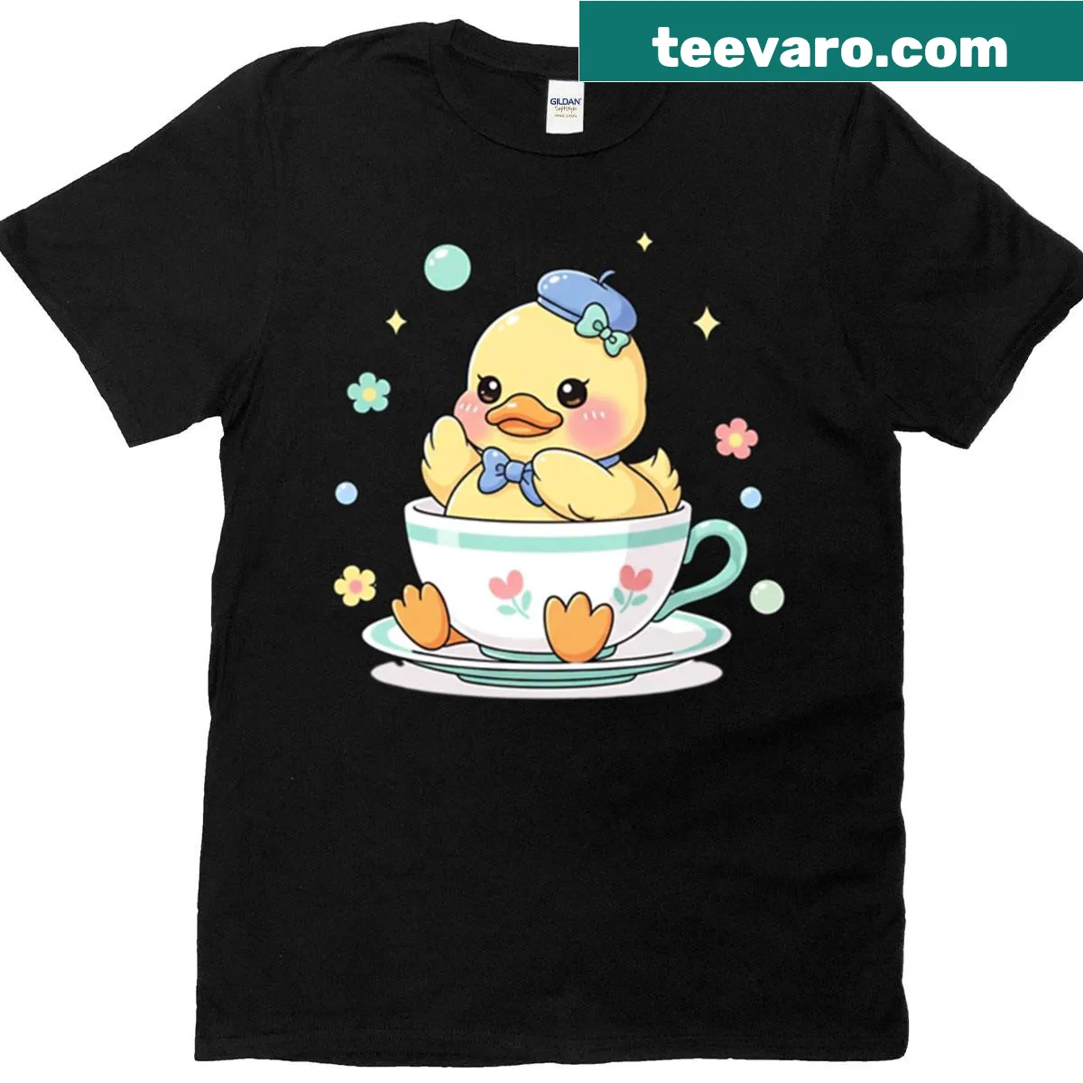 Kawaii duck illustration in a teacup with flowers and bubbles on a T-shirt — on a men's t-shirt