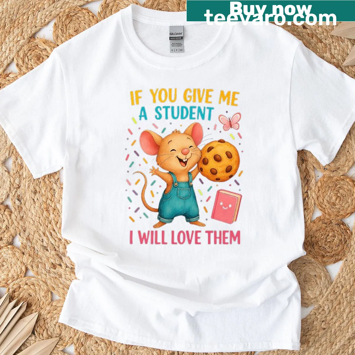 Cute T-shirt featuring an illustrated mouse and an inspirational teacher quote — on a men's t-shirt