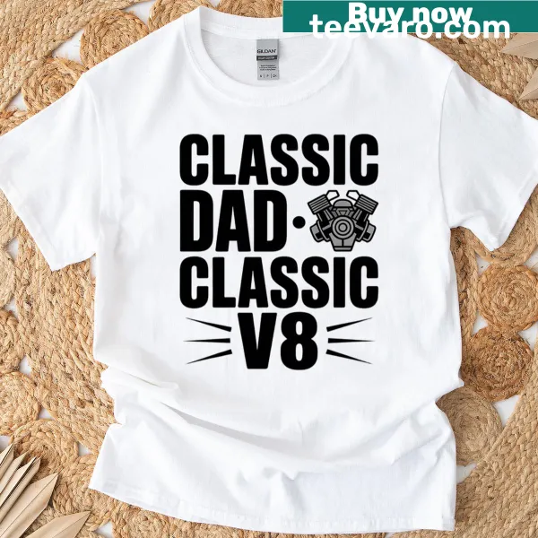 Vintage V8 engine graphic t-shirt for car-loving dads