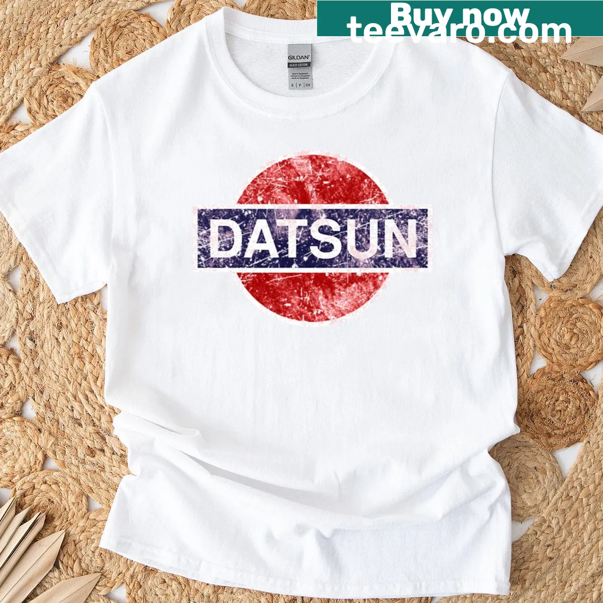 Vintage Datsun car t-shirt with distressed design — on a men's t-shirt