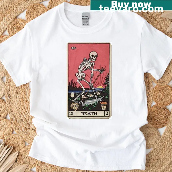 Artistic representation of the Death tarot card on a t-shirt.