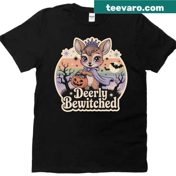Retro Halloween t-shirt featuring a cute deer princess with candy bucket