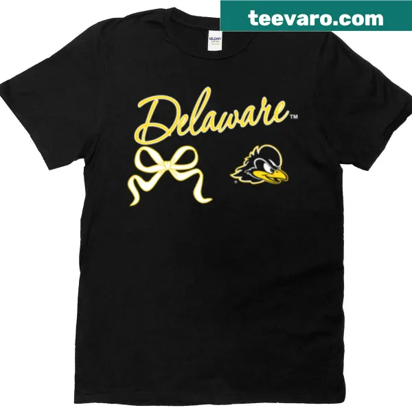 Delaware Fightin Blue Hens Bow Script design on a stylish T-shirt