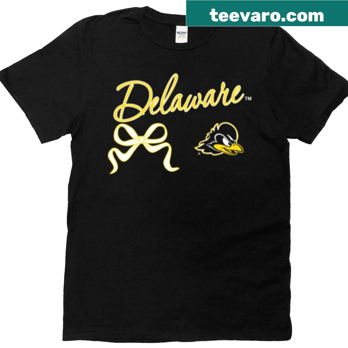 Delaware Fightin Blue Hens Bow Script design on a stylish T-shirt — on a men's t-shirt