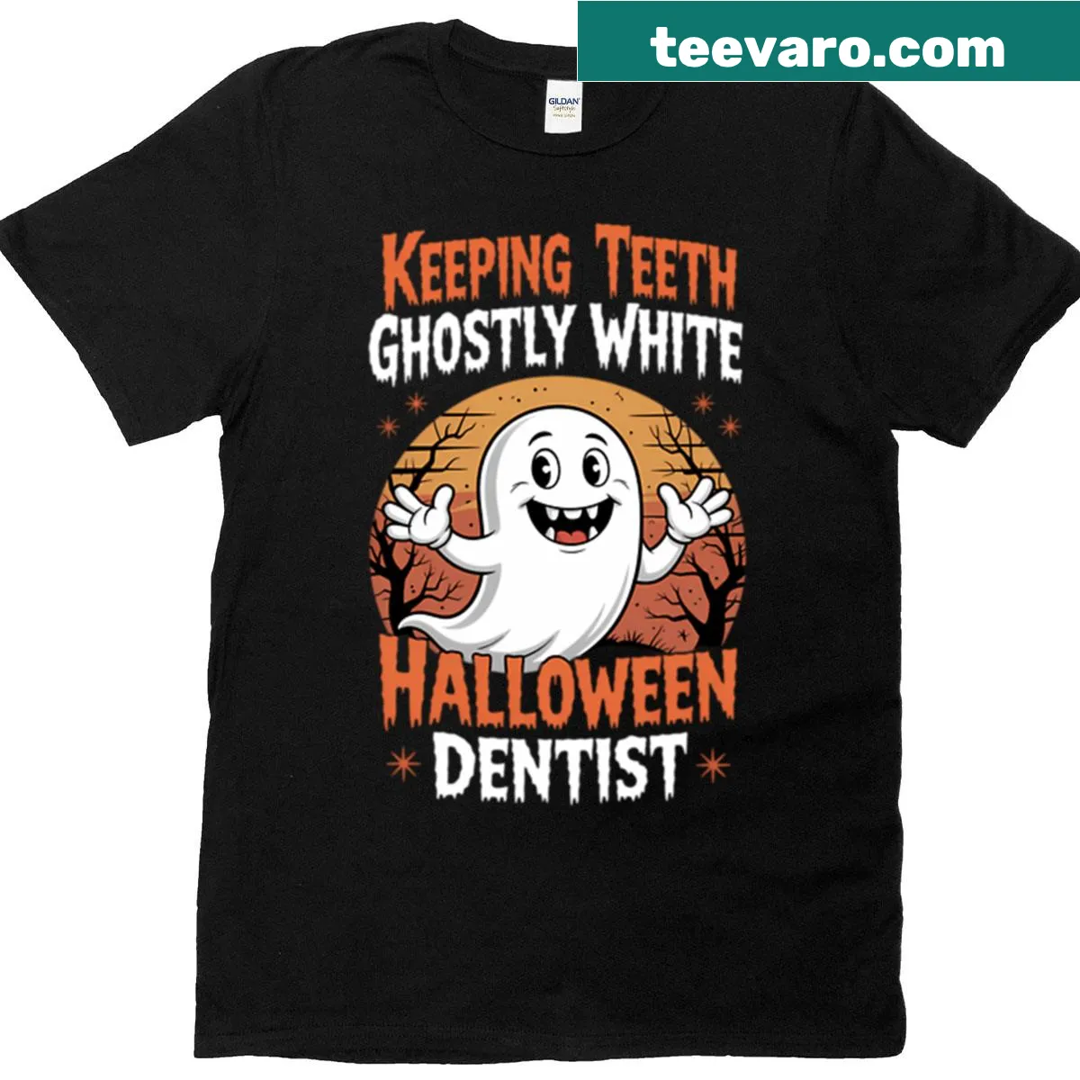 Dentist Halloween T-shirt with cartoon dental graphics — on a men's t-shirt