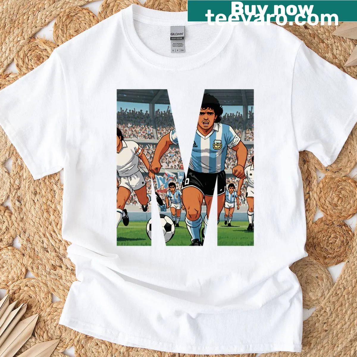 Oversized T-shirt featuring cartoon tribute to Diego Maradona's 'Hand of God' — on a men's t-shirt