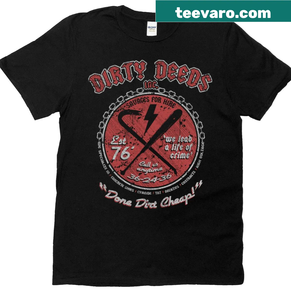 Text graphic saying 'Dirty Deeds' on a t-shirt — on a men's t-shirt