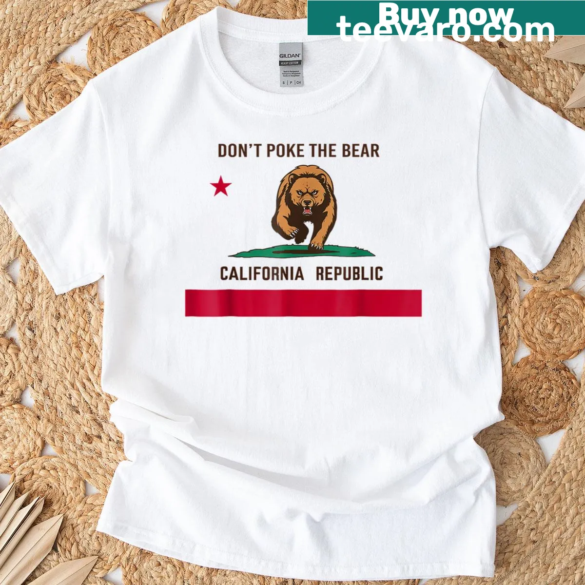 California Republic T-shirt with 'Don't Poke The Bear' design — on a men's t-shirt