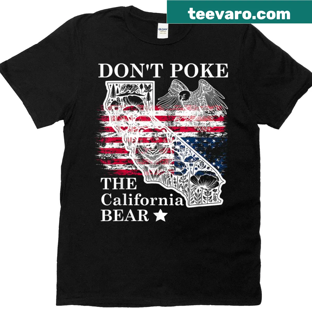 Illustration of a bear with 'Dont Poke The California Bear' text — on a men's t-shirt