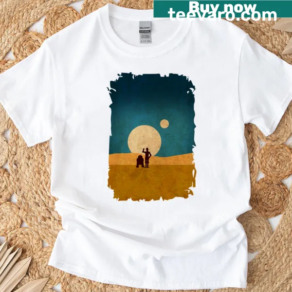 Playful illustration of droids in a dune landscape.