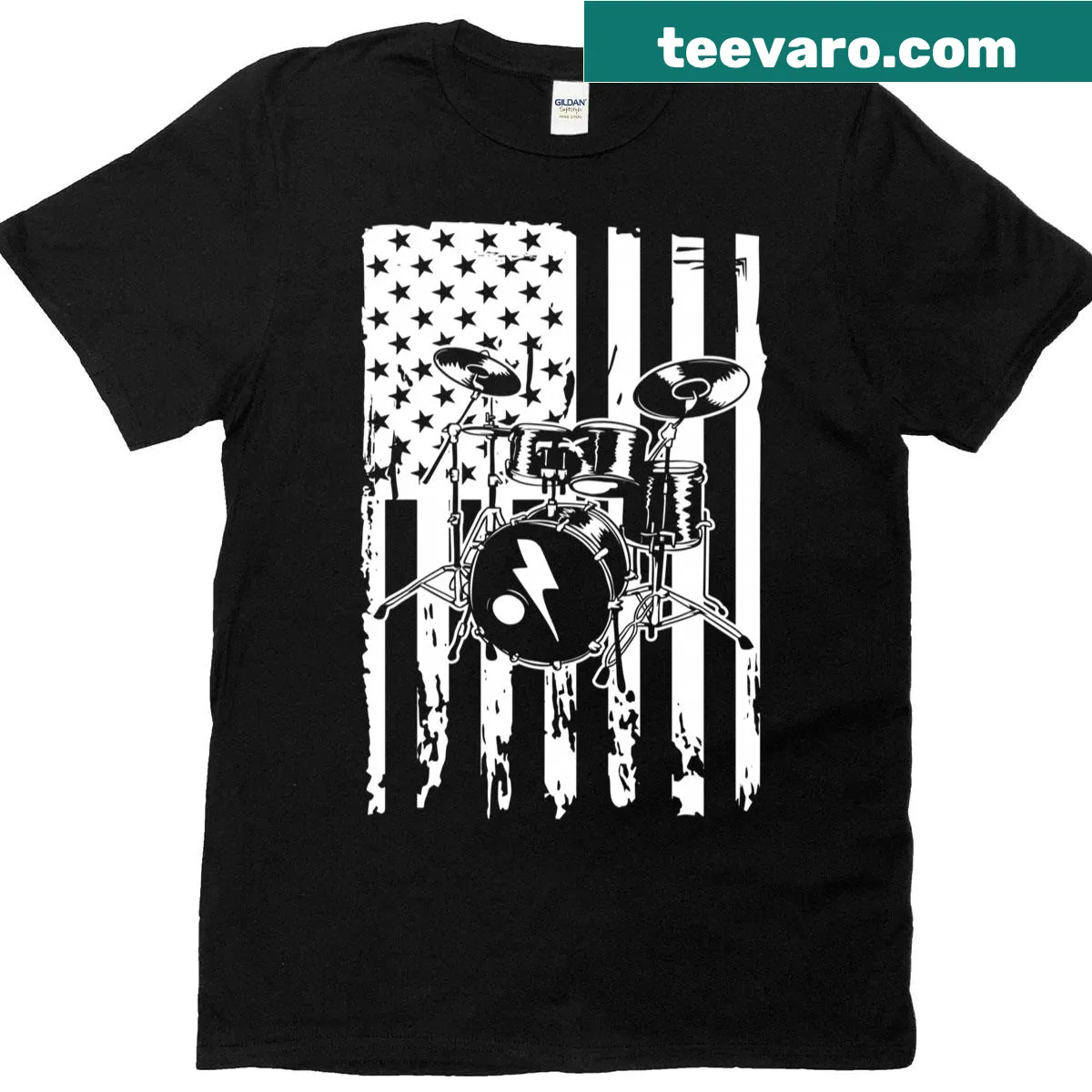 Drum set illustration with USA flag design on a T-shirt — on a men's t-shirt