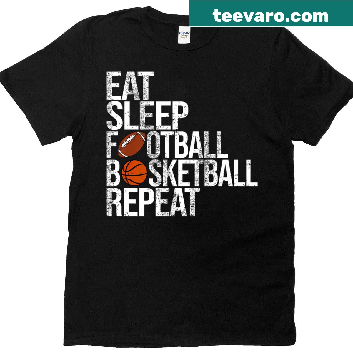 Funny sports t-shirt with text 'Eat Sleep Football Basketball Repeat' — on a men's t-shirt
