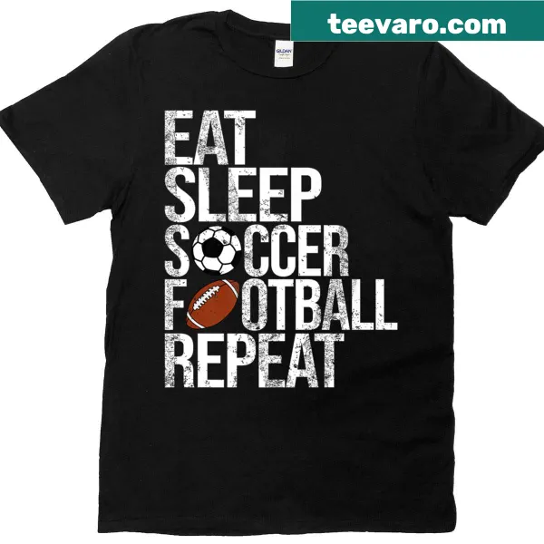 Funny soccer-themed t-shirt with Eat Sleep Soccer Repeat text design
