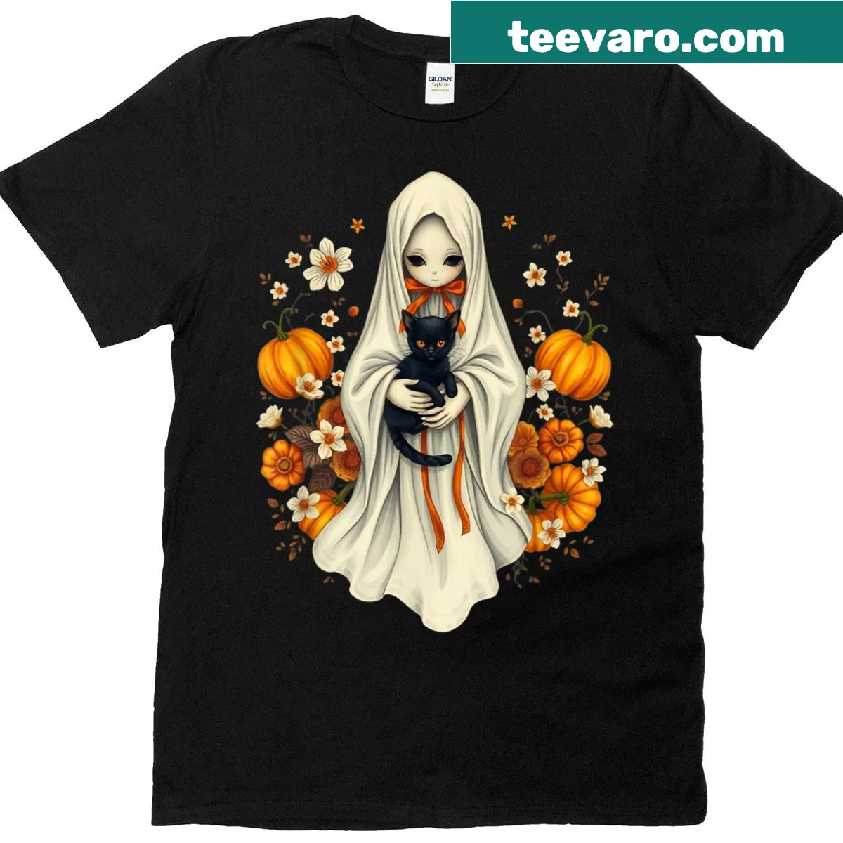 Halloween-themed T-shirt with ghost girl, black cat, and pumpkins — on a men's t-shirt