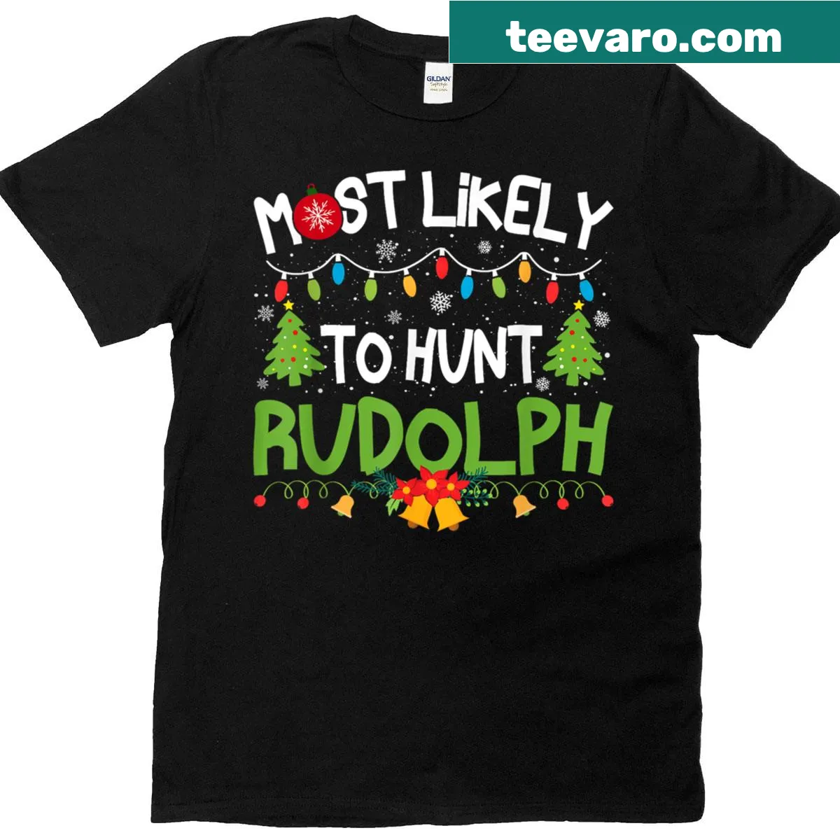 Christmas tee with playful Rudolph hunting theme — on a men's t-shirt