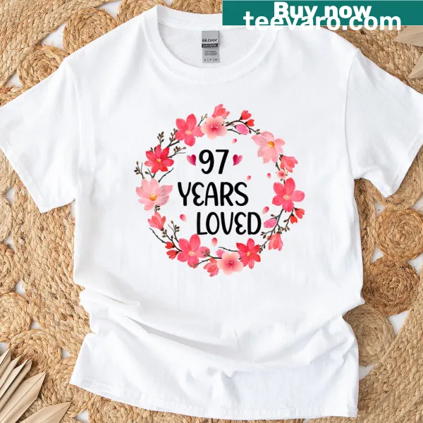 Floral design with text celebrating 97 years loved for a birthday.