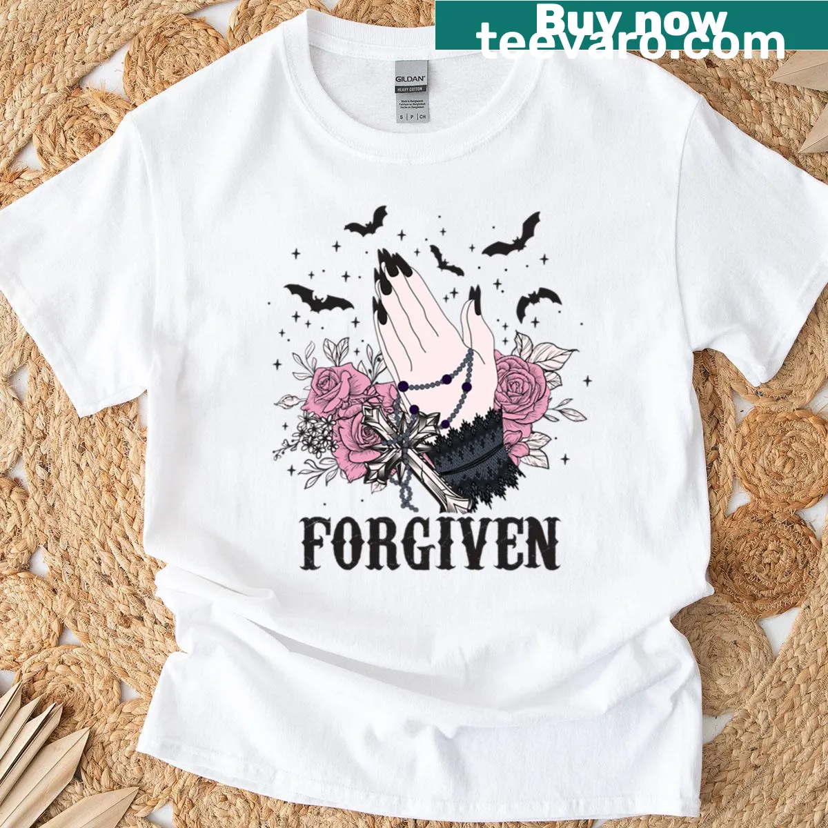 Funny Halloween t-shirt featuring a witch and flowers illustration — on a men's t-shirt