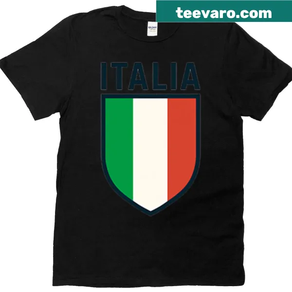 Minimalist Italian flag shield on football-themed t-shirt.