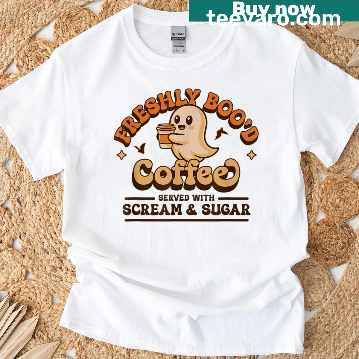 Halloween-themed T-shirt with coffee graphic and spooky text — on a men's t-shirt
