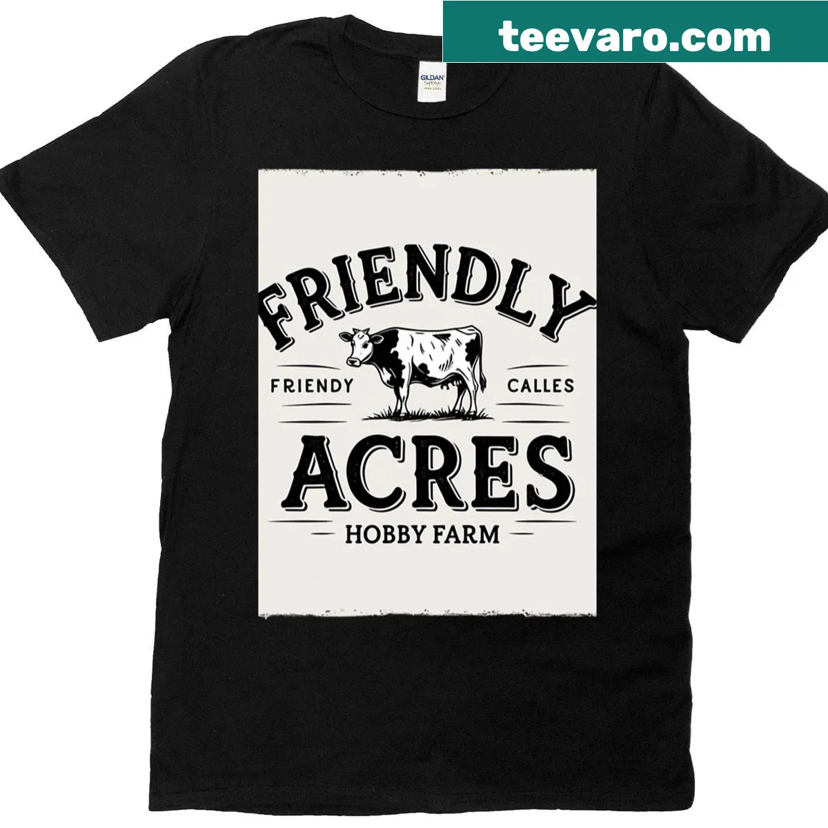 Illustrated cow t-shirt from Friendly Acres Hobby Farm — on a men's t-shirt