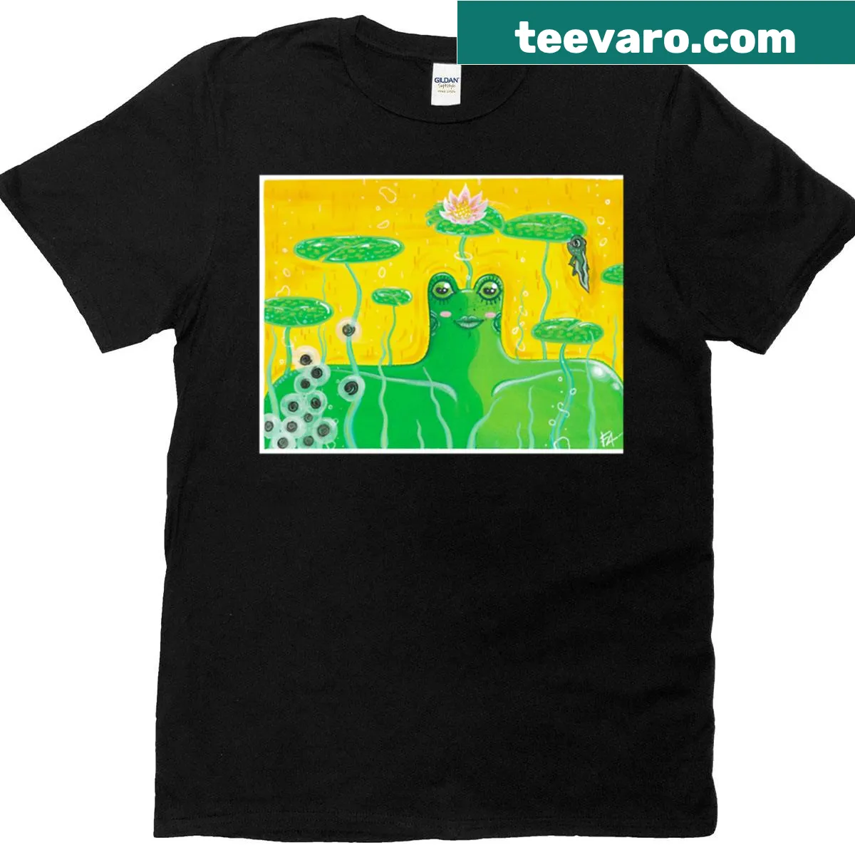 Illustration of a frog father protecting his eggs on a T-shirt — on a men's t-shirt