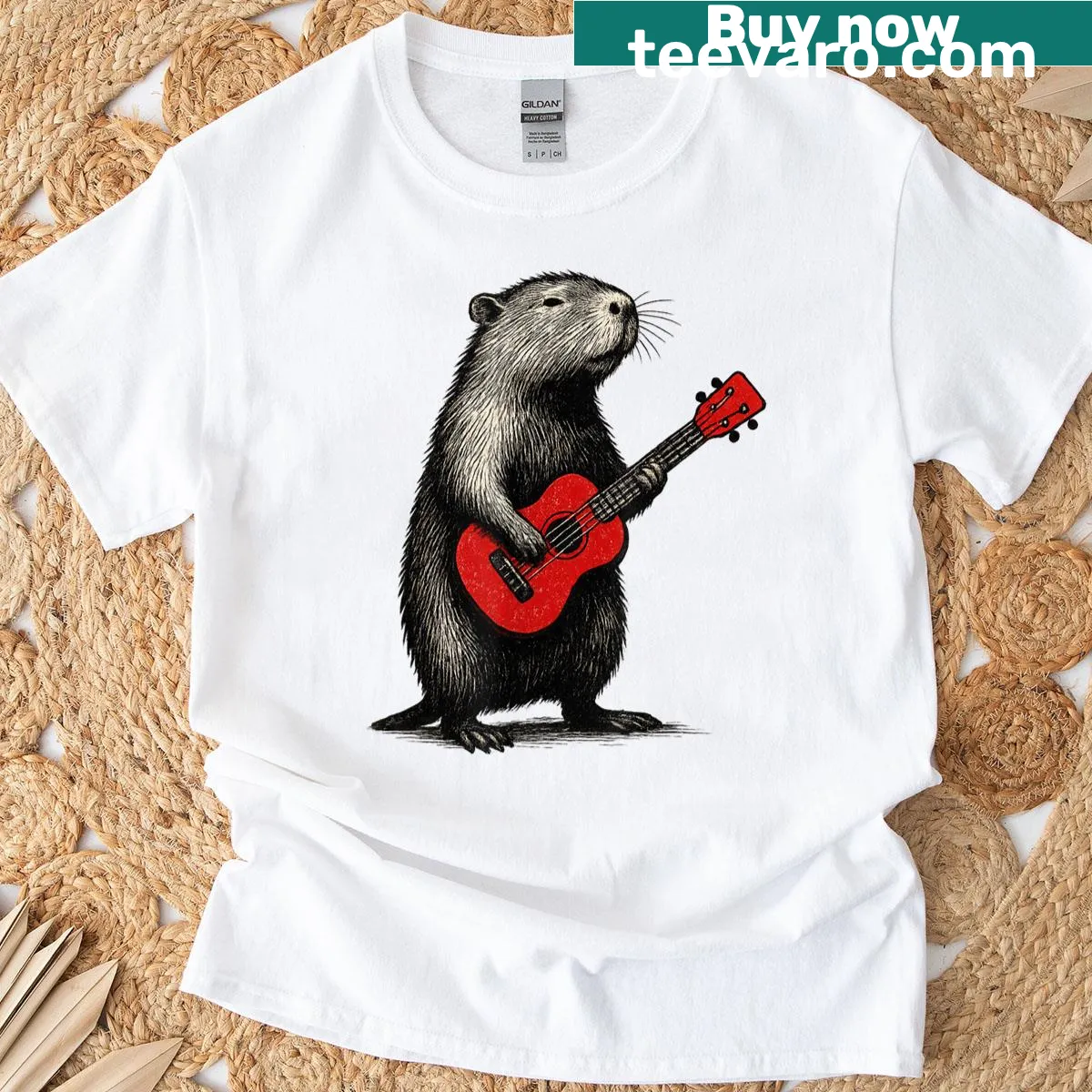 Retro T-shirt with a capybara playing guitar graphic — on a men's t-shirt