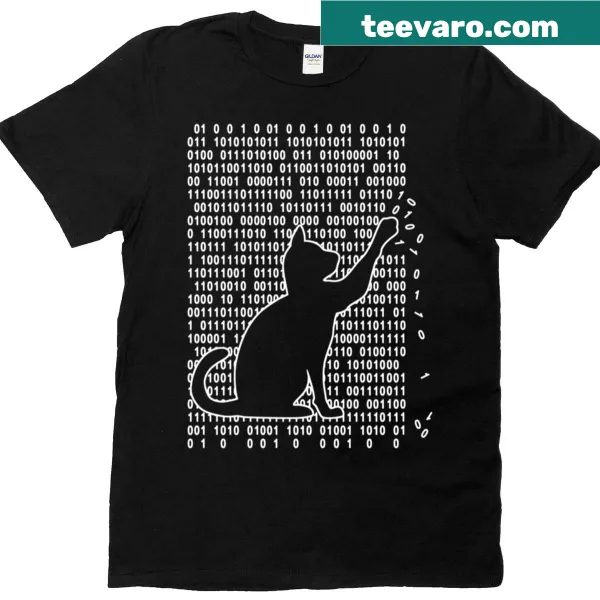 Illustration of a cat playing with binary code