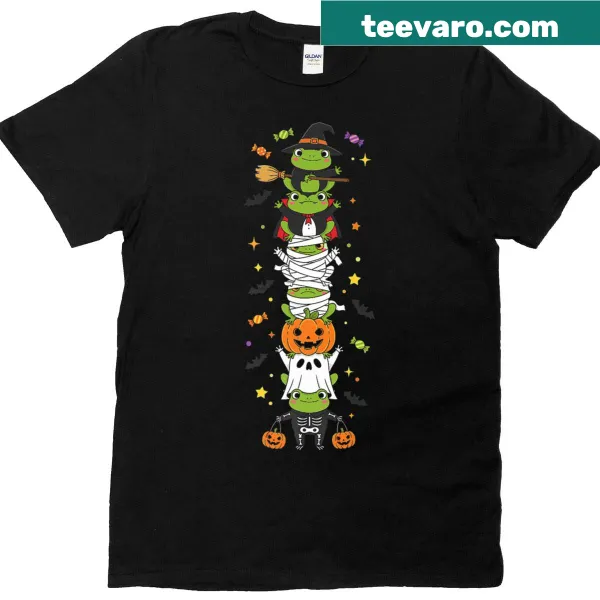 Cartoon Halloween T-shirt featuring a frog witch, vampire, and ghost