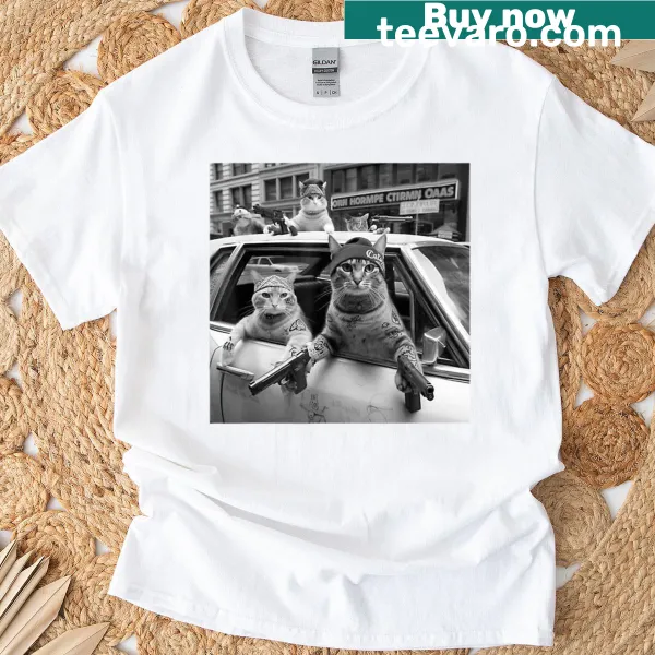 Street style T-shirt featuring gangster cats in humorous poses