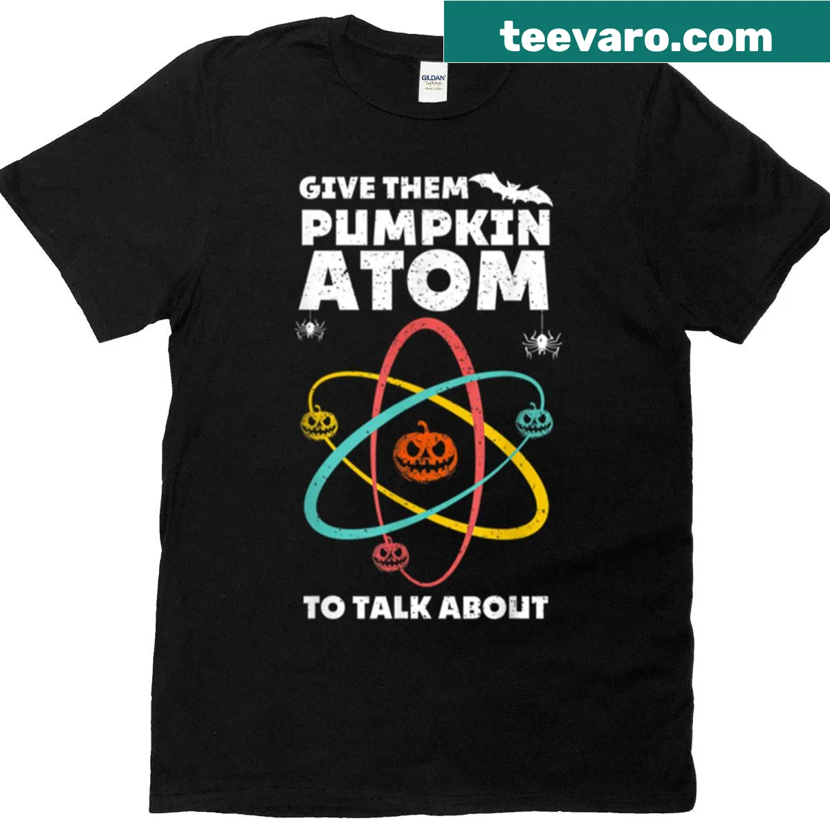 Teacher Halloween t-shirt with text 'Give Em Pumpkin Atom To Talk About' — on a men's t-shirt