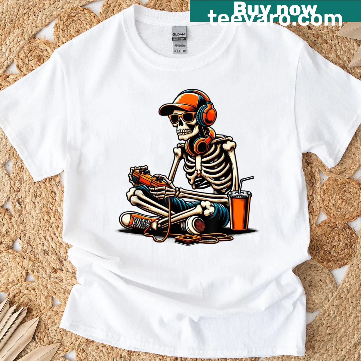 Skeleton-themed T-shirt for gamers celebrating Halloween — on a men's t-shirt