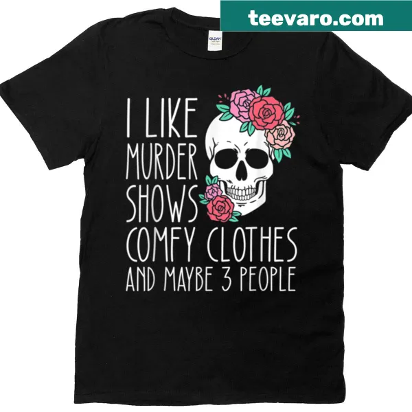 Funny shirt about murder shows with playful text design.