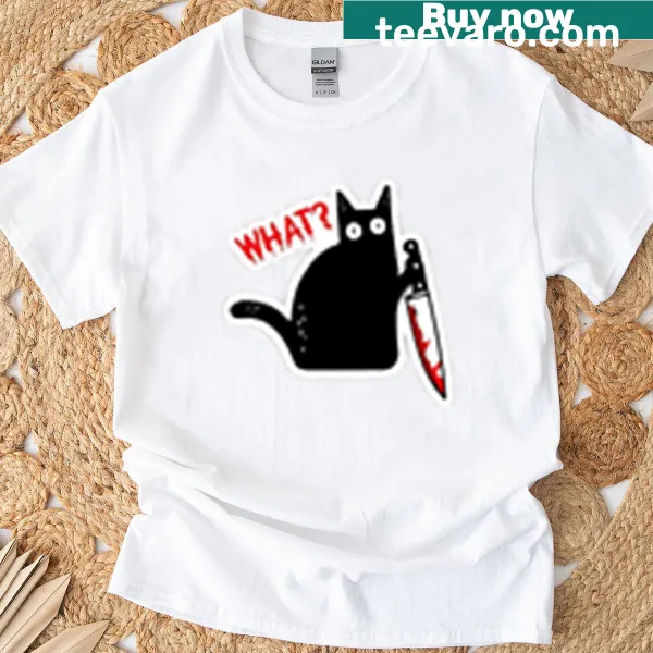 Illustration of a black cat holding a knife, themed for Halloween.