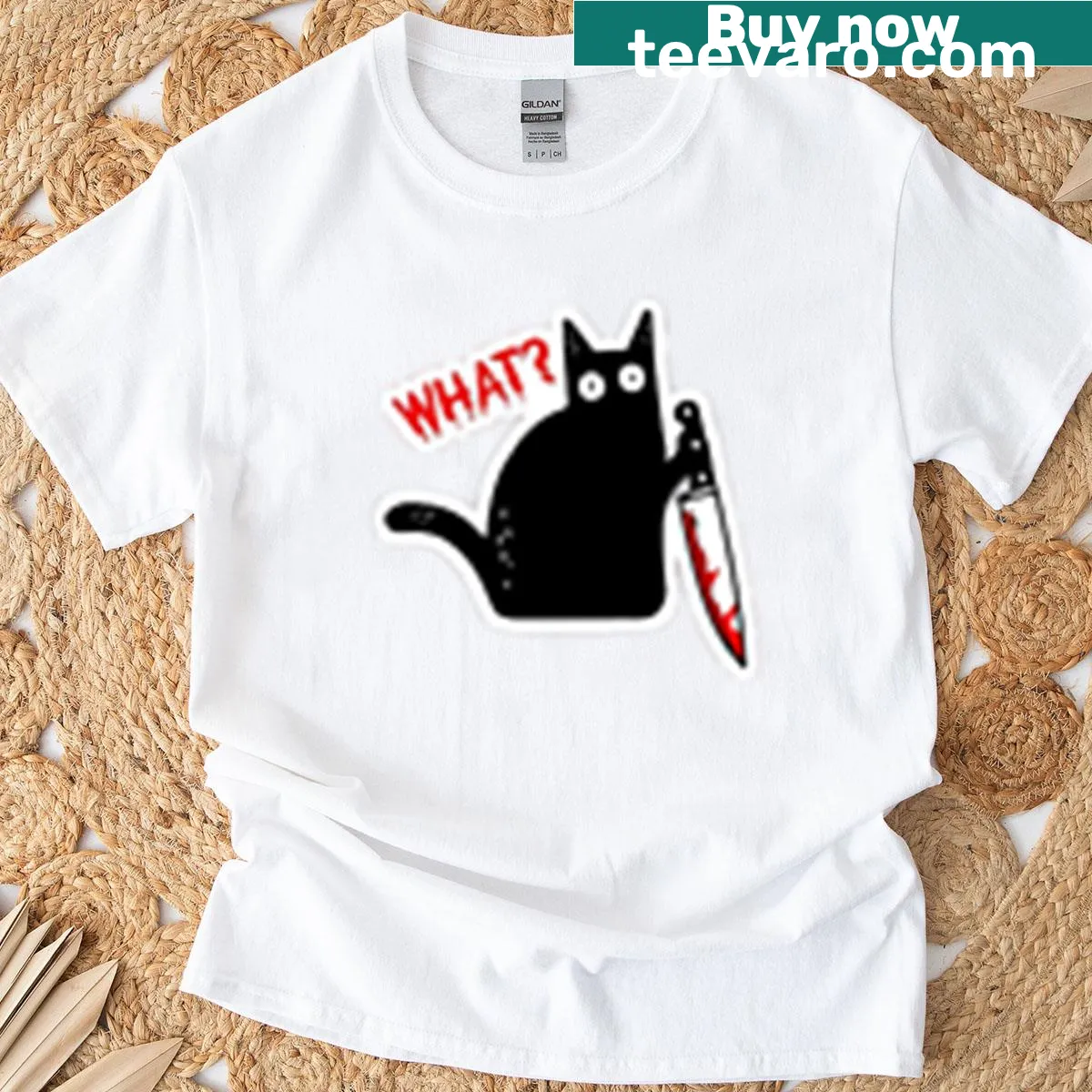 Illustration of a black cat holding a knife, themed for Halloween. — on a men's t-shirt
