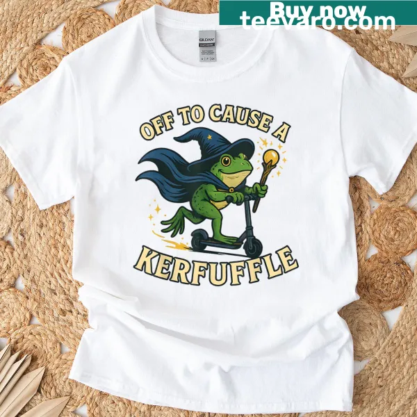 Whimsical frog wizard graphic on a humorous T-shirt