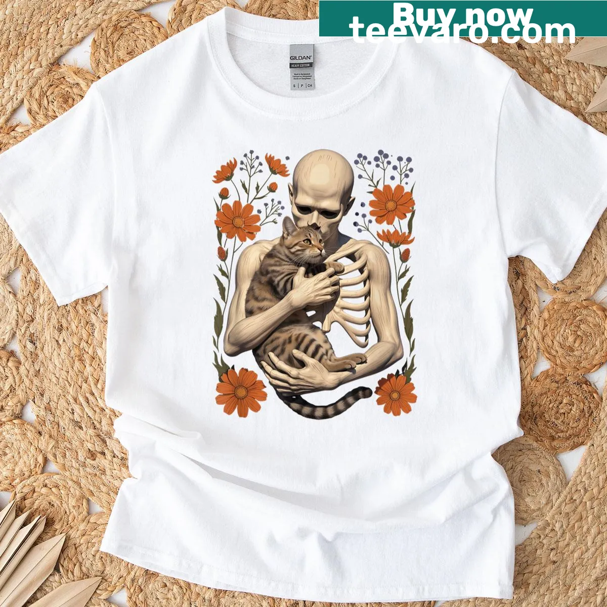 Cute skeleton hugging a cat with floral details on a T-shirt — on a men's t-shirt