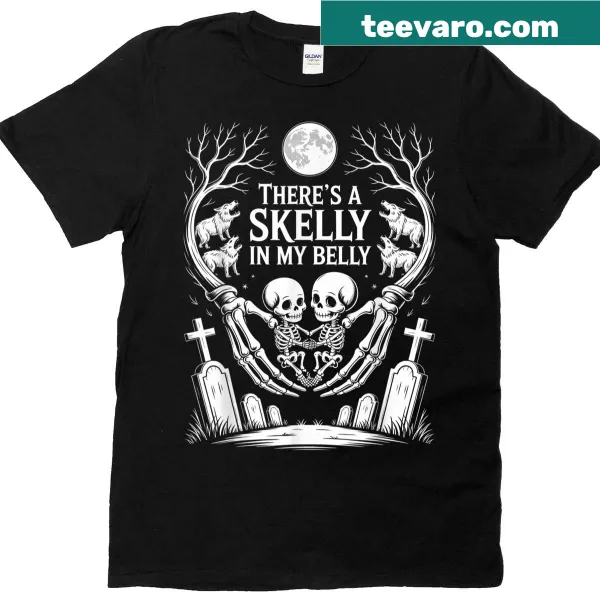 Pregnant Halloween t-shirt with a playful skeleton design and witty text