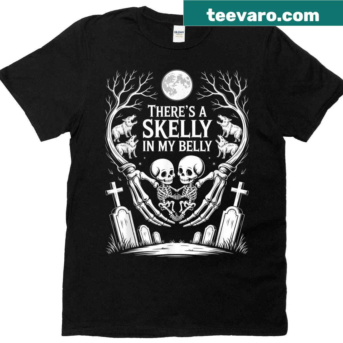 Pregnant Halloween t-shirt with a playful skeleton design and witty text — on a men's t-shirt