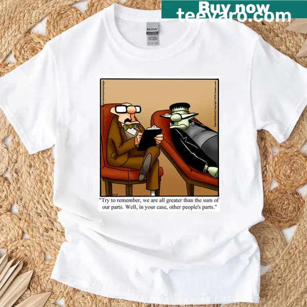 Cartoon of Frankenstein therapist in oversized Halloween t-shirt