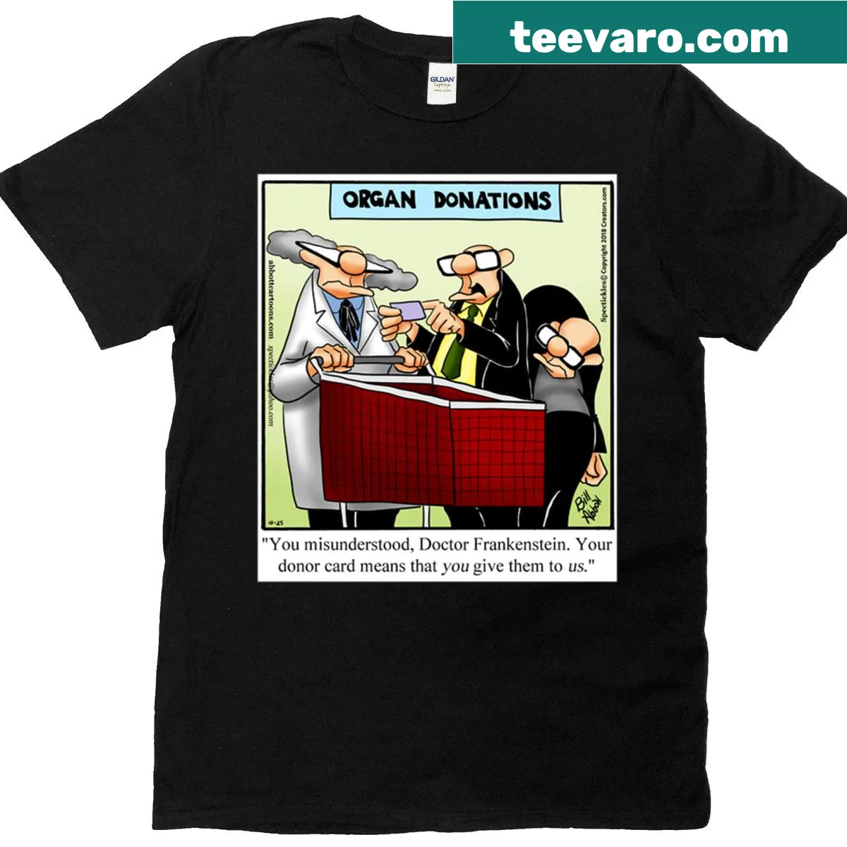 Funny Halloween t-shirt with Doctor Frankenstein and Spectickles design — on a men's t-shirt